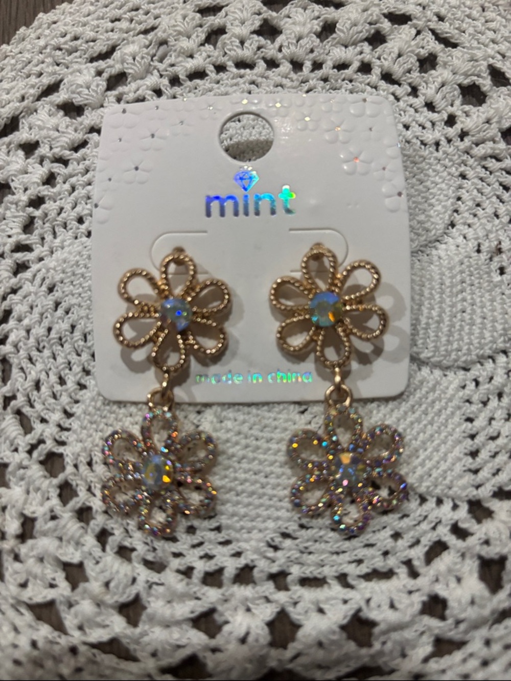 Mint Gold Floral Drop Earrings with Iridescent Stones